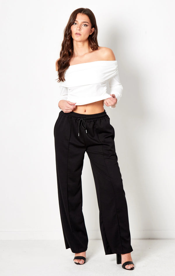 Femme Luxe Black Waistband Open Hem Oversized Joggers - Raya