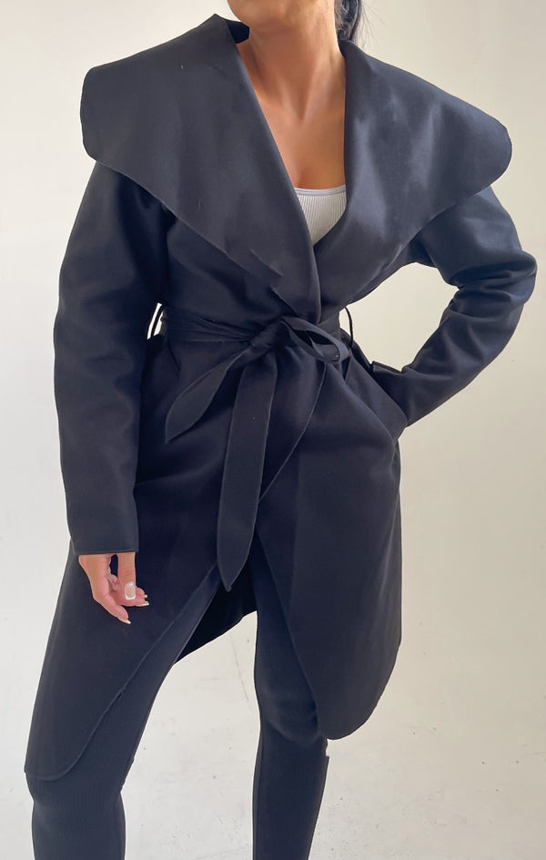 Femme Luxe Black Waterfall Duster Belted Long Coat - Guinevere