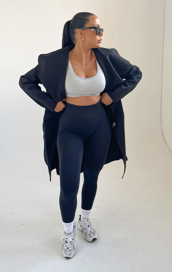 Femme Luxe Black Waterfall Duster Belted Long Coat - Guinevere