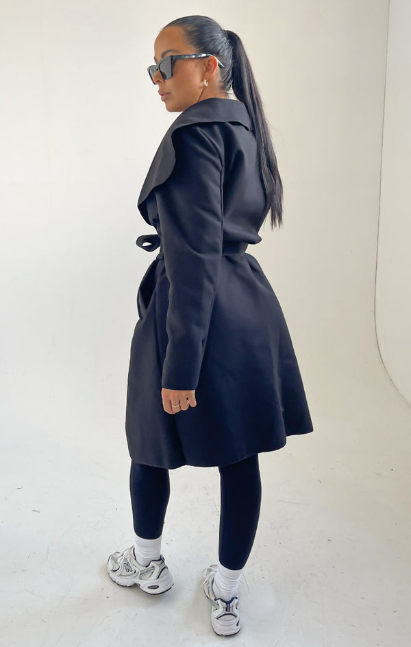Femme Luxe Black Waterfall Duster Belted Long Coat - Guinevere