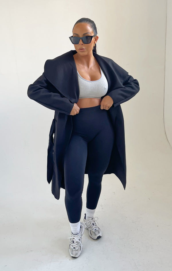 femme luxe Black Waterfall Duster Belted Long Coat - Guinevere