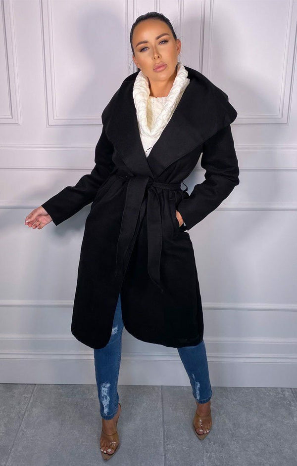 Femme Luxe Black Waterfall Duster Belted Long Coat - Pola