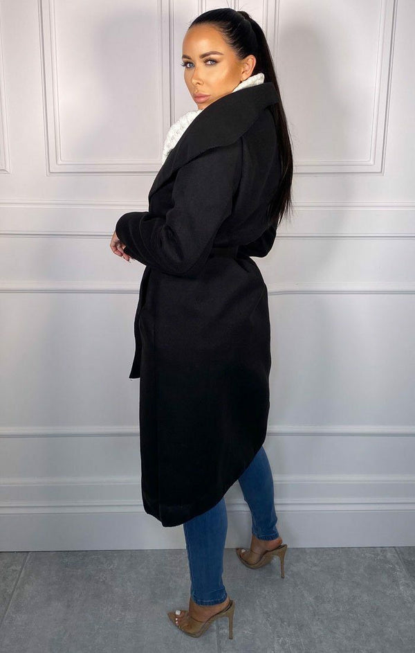 Femme Luxe Black Waterfall Duster Belted Long Coat - Pola