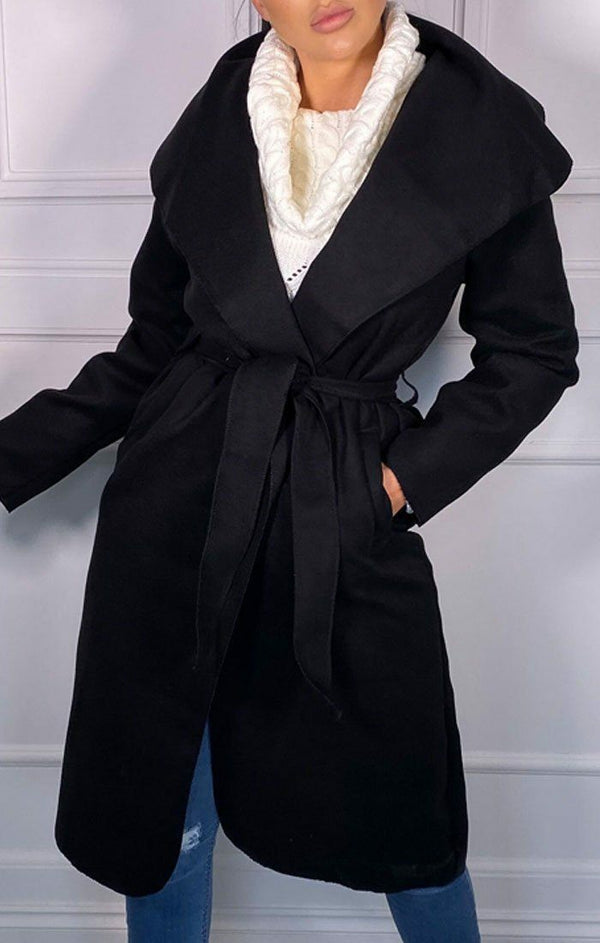 Femme Luxe Black Waterfall Duster Belted Long Coat - Pola