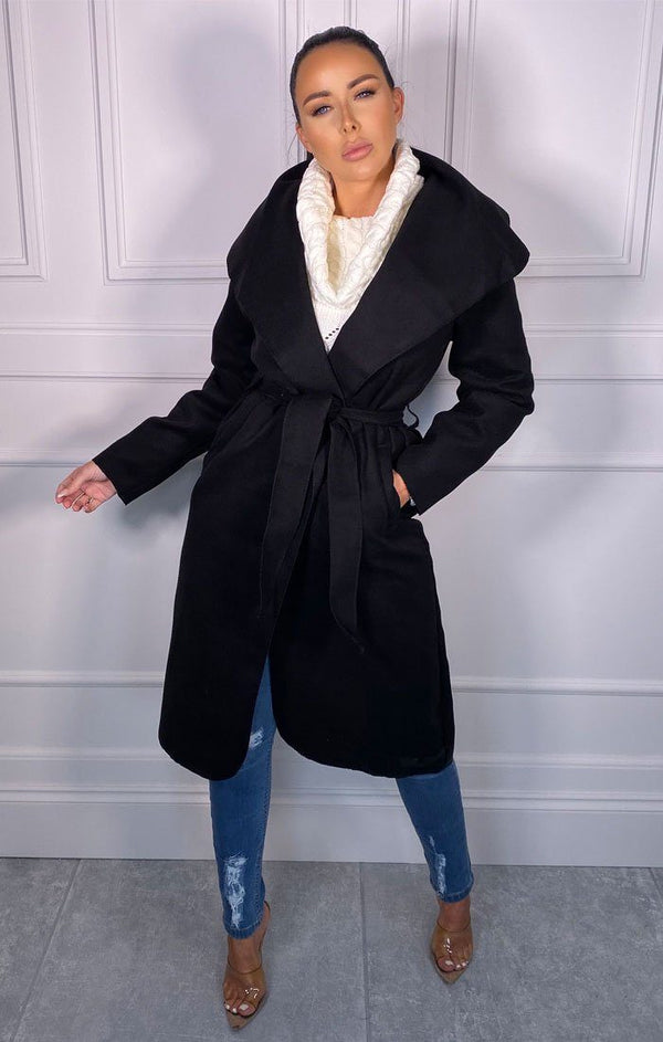 femme luxe Black Waterfall Duster Belted Long Coat - Pola