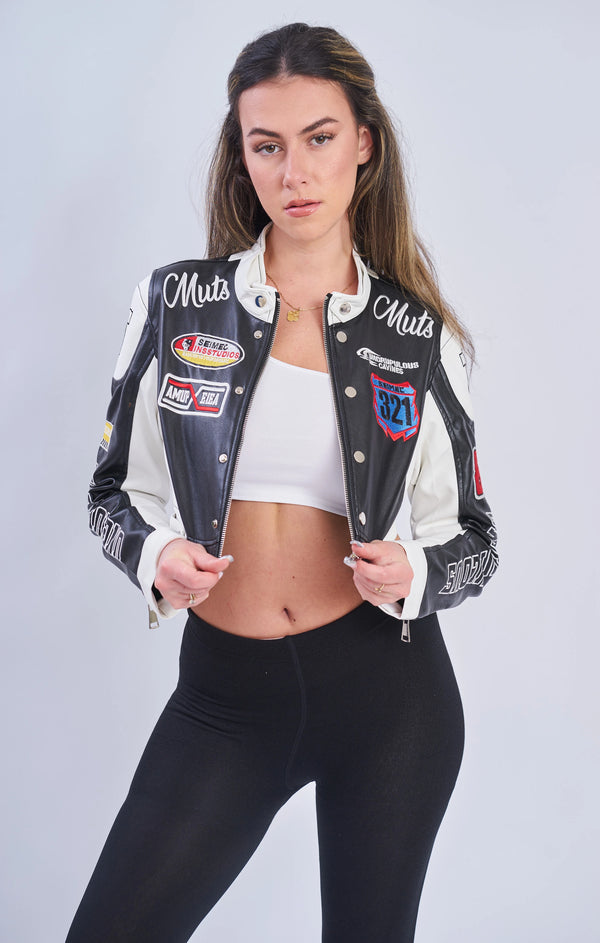 Femme Luxe Black & White PU Leather Racer Patch Details Cropped Jacket - Robina