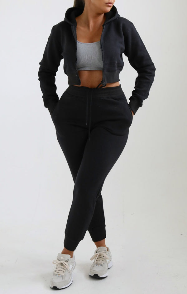 Femme Luxe Black Zip Up Crop Hoodie & Joggers Loungewear Set - Nell