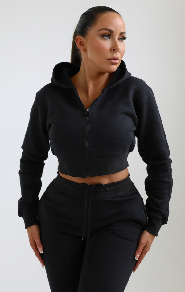 Femme Luxe Black Zip Up Crop Hoodie & Joggers Loungewear Set - Nell