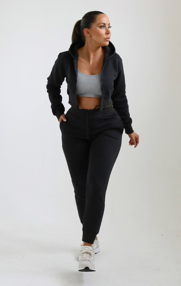 femme luxe Black Zip Up Crop Hoodie & Joggers Loungewear Set - Nell