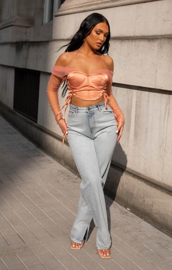 Femme Luxe Blue Acid Wash High Waisted Straight Leg Side Split Jeans - Lexie