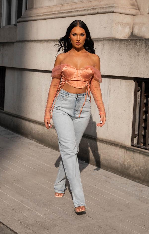 femme luxe Blue Acid Wash High Waisted Straight Leg Side Split Jeans - Lexie