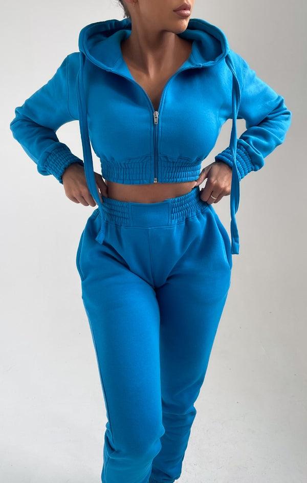 Femme Luxe Blue Cropped Zip Front Elasticated Hem Hoodie And High Waisted Jogger Loungewear Set - Addisyn