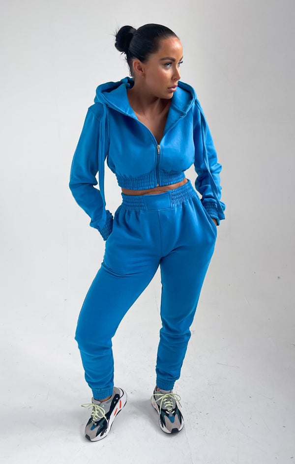 Femme Luxe Blue Cropped Zip Front Elasticated Hem Hoodie And High Waisted Jogger Loungewear Set - Addisyn