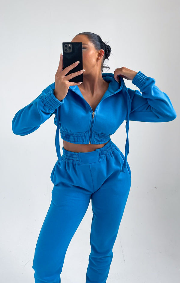 Femme Luxe Blue Cropped Zip Front Elasticated Hem Hoodie And High Waisted Jogger Loungewear Set - Addisyn
