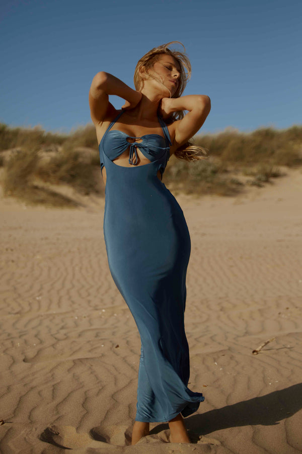 Femme Luxe Blue Cross Over Strappy Cut Out Maxi Dress - Angelica