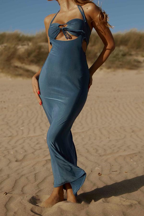Femme Luxe Blue Cross Over Strappy Cut Out Maxi Dress - Angelica