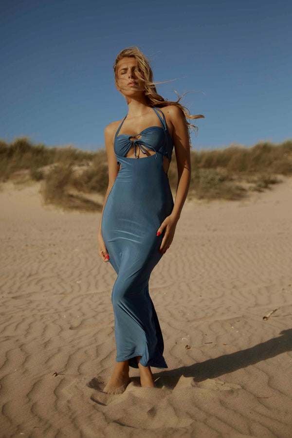 Femme Luxe Blue Cross Over Strappy Cut Out Maxi Dress - Angelica