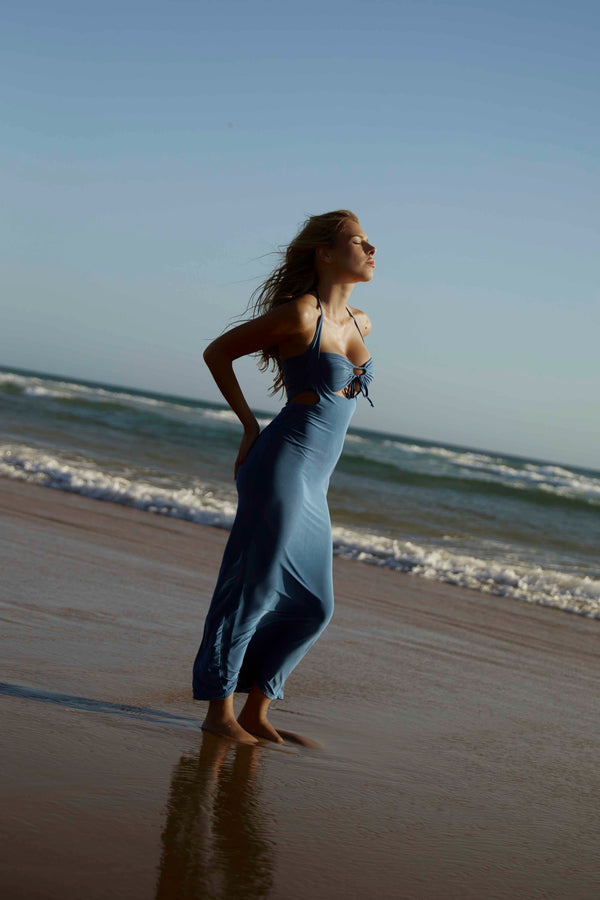 femme luxe Blue Cross Over Strappy Cut Out Maxi Dress - Angelica