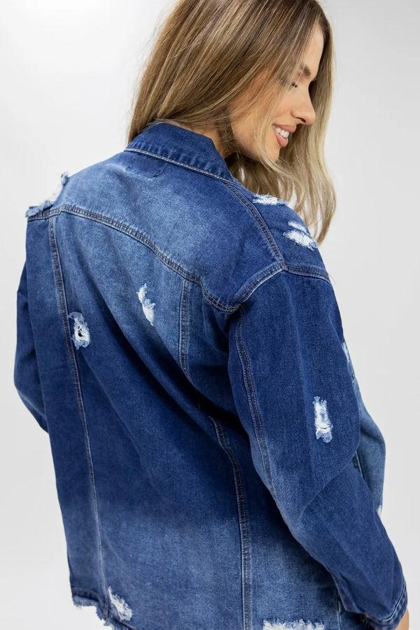 Femme Luxe Blue Dark Wash Distressed Ripped Denim Jacket - Finian