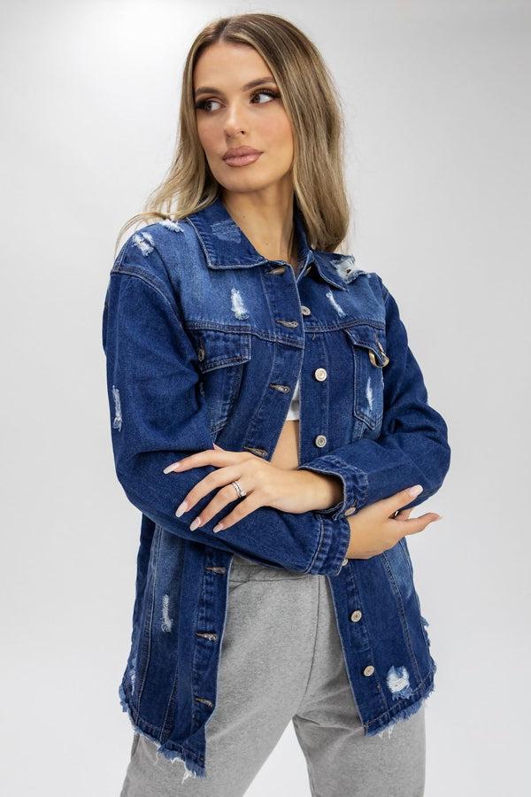 Femme Luxe Blue Dark Wash Distressed Ripped Denim Jacket - Finian