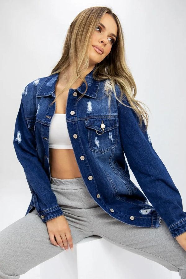 femme luxe Blue Dark Wash Distressed Ripped Denim Jacket - Finian