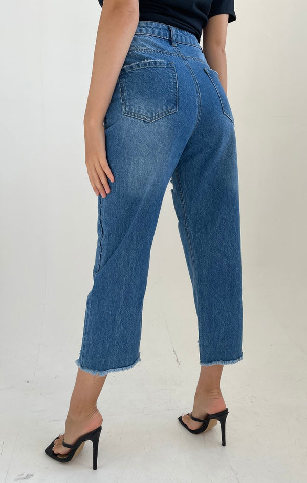Femme Luxe Blue Dark Wash High Waisted Distressed Cropped Flare Leg Jeans- Juliette