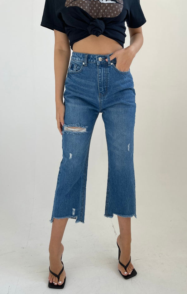 femme luxe Blue Dark Wash High Waisted Distressed Cropped Flare Leg Jeans- Juliette