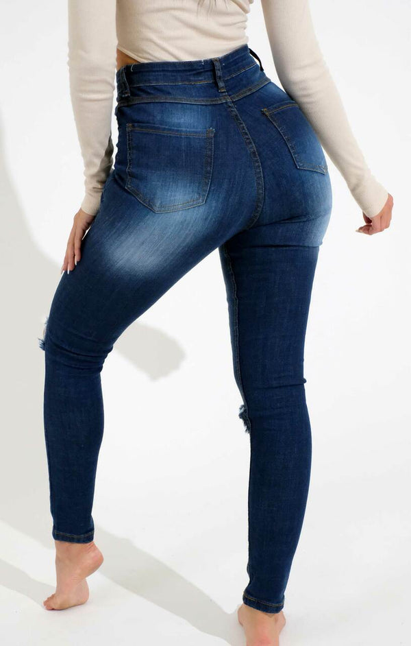 Femme Luxe Blue Dark Wash High Waisted Ripped Knee Skinny Jeans - Davina