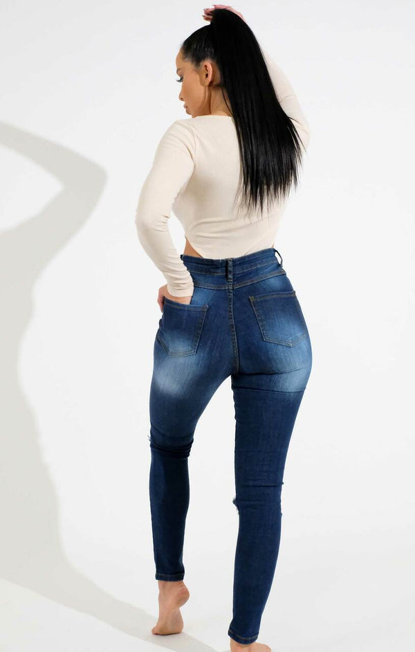 Femme Luxe Blue Dark Wash High Waisted Ripped Knee Skinny Jeans - Davina