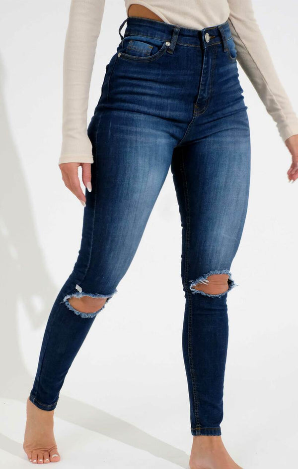 femme luxe Blue Dark Wash High Waisted Ripped Knee Skinny Jeans - Davina