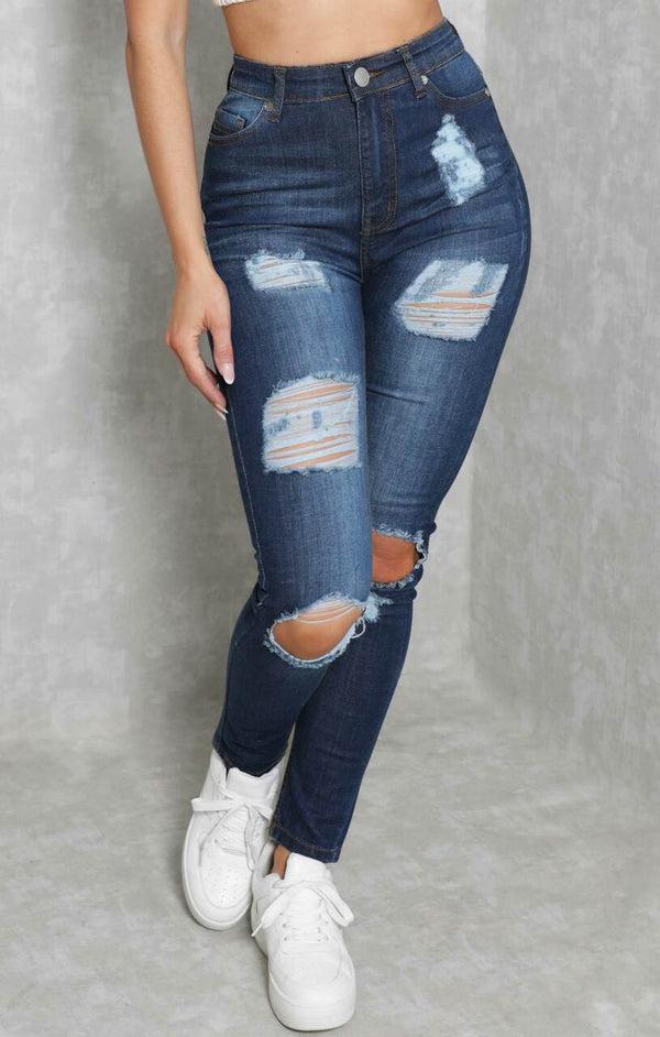 Femme Luxe Blue Dark Wash Ripped Distressed High Waisted Skinny Jeans - Leela