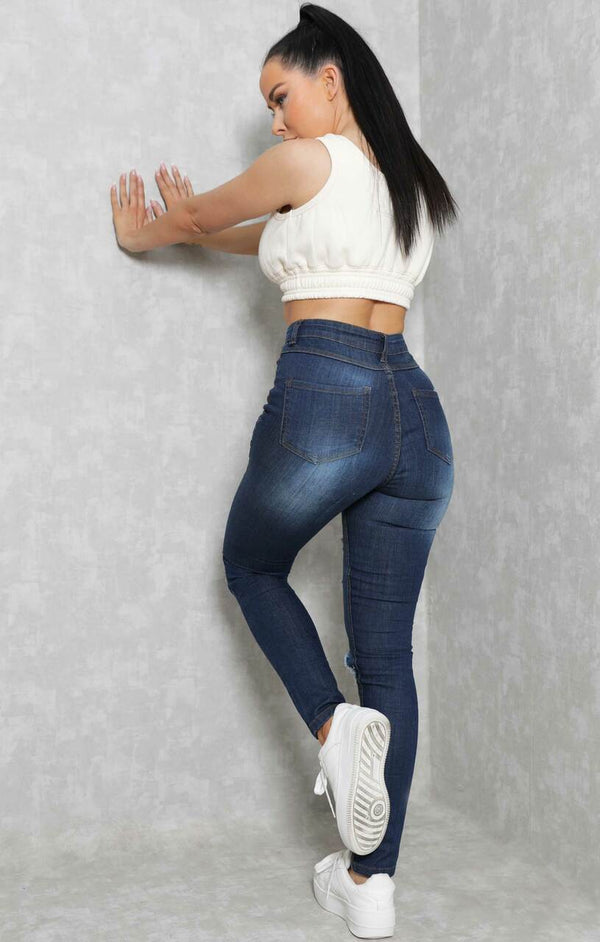 Femme Luxe Blue Dark Wash Ripped Distressed High Waisted Skinny Jeans - Leela