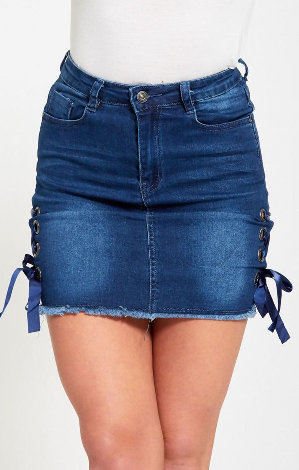 Femme Luxe Blue Denim Eyelet Ribbon Petite Hem Mini Skirt - Violina