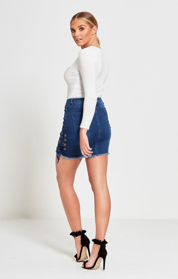 Femme Luxe Blue Denim Eyelet Ribbon Petite Hem Mini Skirt - Violina