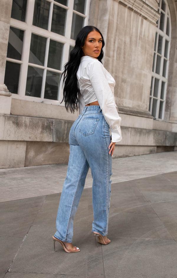 Femme Luxe Blue Light Wash Distressed Denim Mom Jeans – Eve