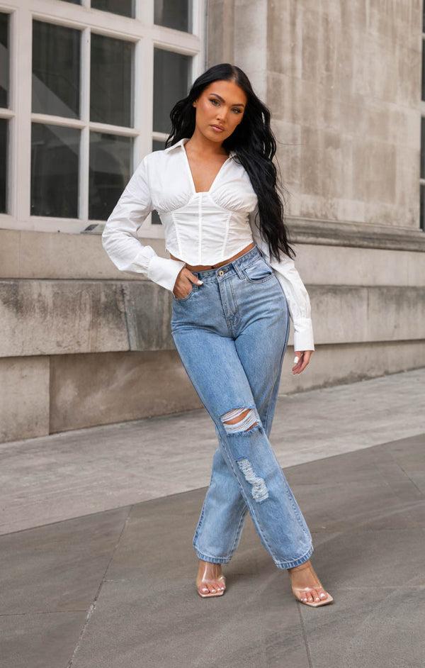 Femme Luxe Blue Light Wash Distressed Denim Mom Jeans – Eve