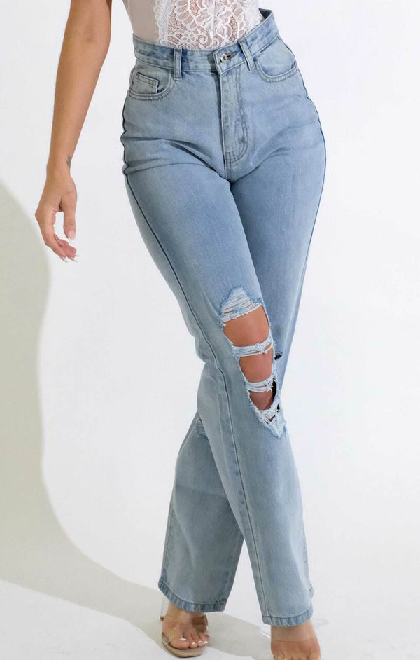 Femme Luxe Blue Light Wash Double Extreme Rip Wide Leg Jeans - Louise