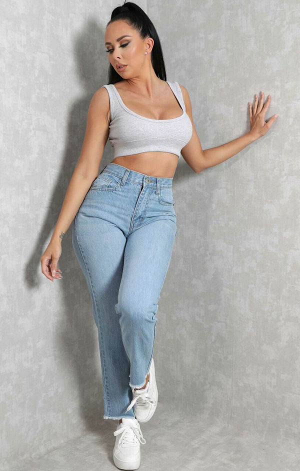 Femme Luxe Blue Light Wash High Waisted Frayed Hem Straight Leg Denim Jeans - Odette