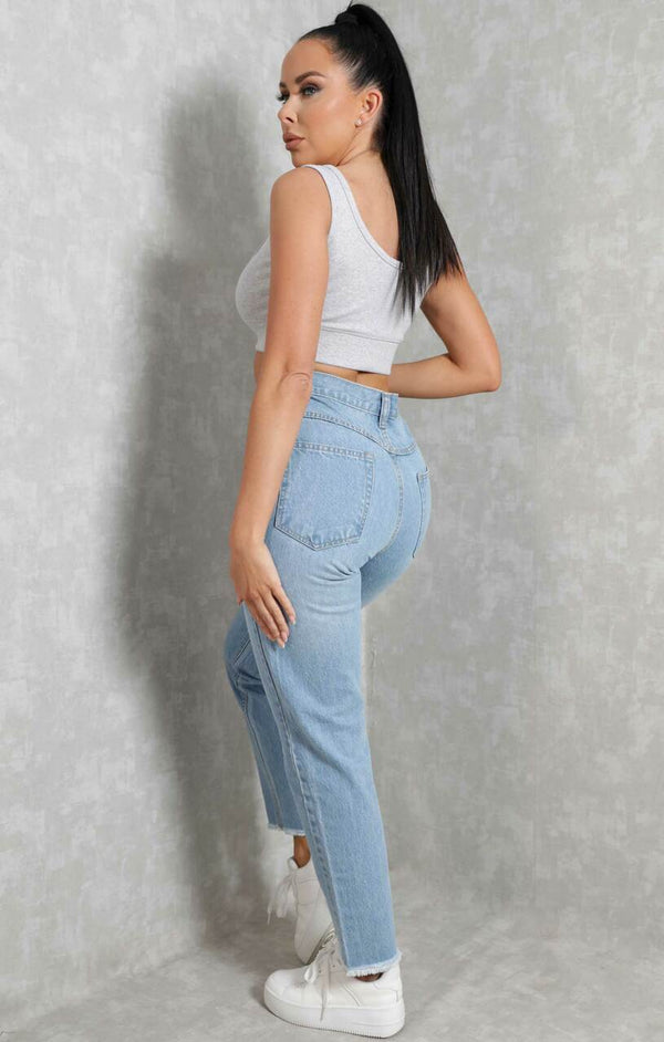 Femme Luxe Blue Light Wash High Waisted Frayed Hem Straight Leg Denim Jeans - Odette