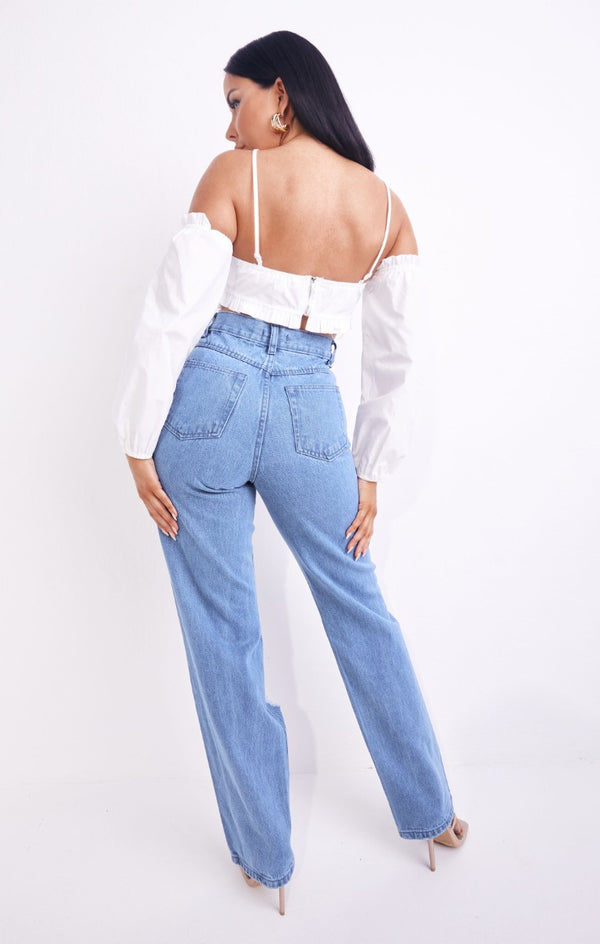 Femme Luxe Blue Light Wash High Waisted Ripped Knee Baggy Straight Leg Jeans - Phoebe