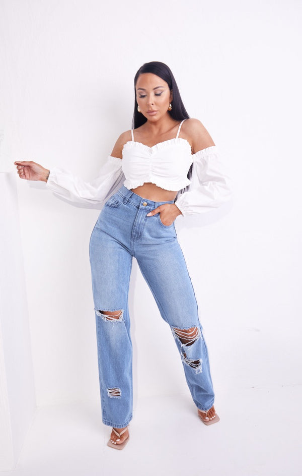 Femme Luxe Blue Light Wash High Waisted Ripped Knee Baggy Straight Leg Jeans - Phoebe