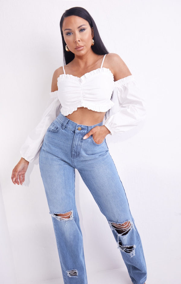 femme luxe Blue Light Wash High Waisted Ripped Knee Baggy Straight Leg Jeans - Phoebe