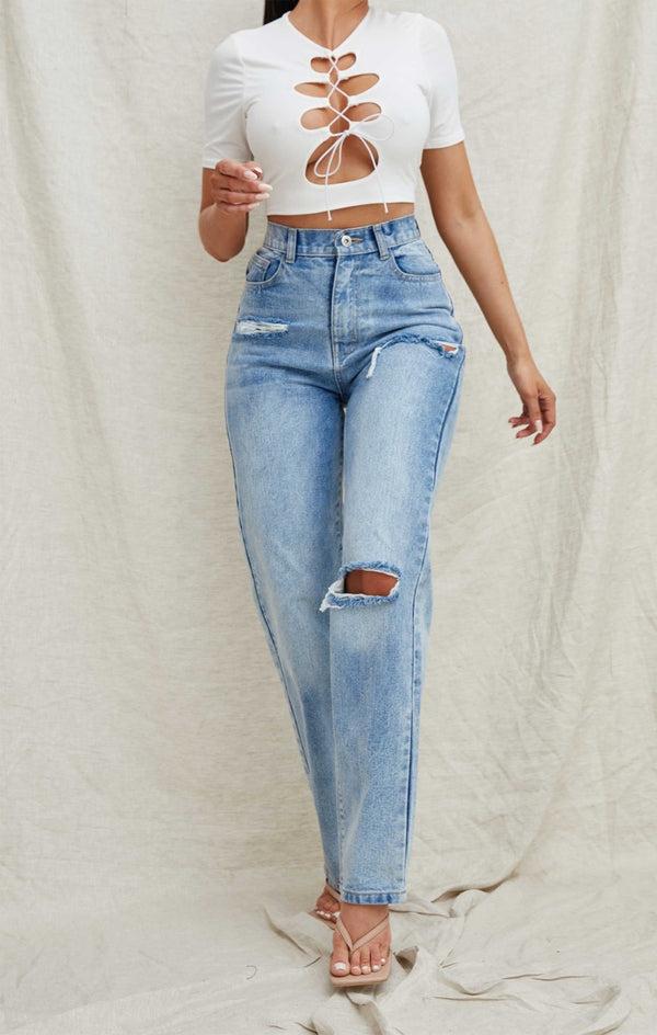 Femme Luxe Blue Light Wash High Waisted Ripped Straight Leg Jeans - Eyana