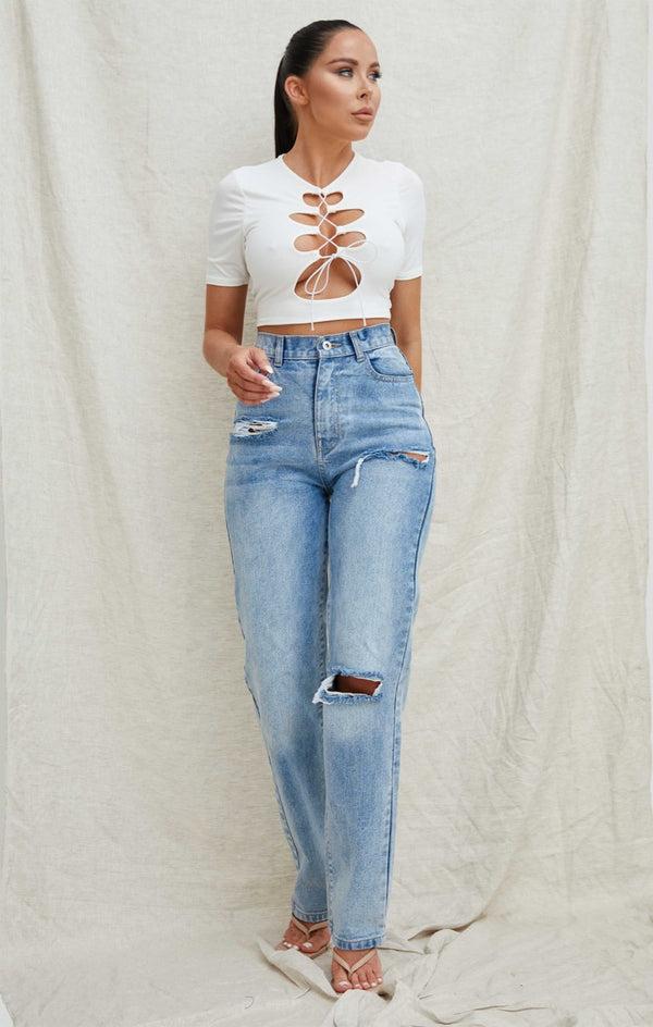 Femme Luxe Blue Light Wash High Waisted Ripped Straight Leg Jeans - Eyana