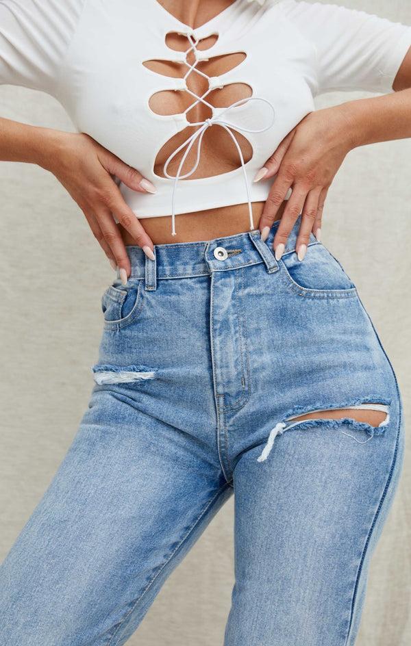 Femme Luxe Blue Light Wash High Waisted Ripped Straight Leg Jeans - Eyana