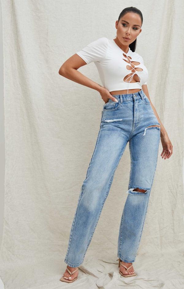 femme luxe Blue Light Wash High Waisted Ripped Straight Leg Jeans - Eyana