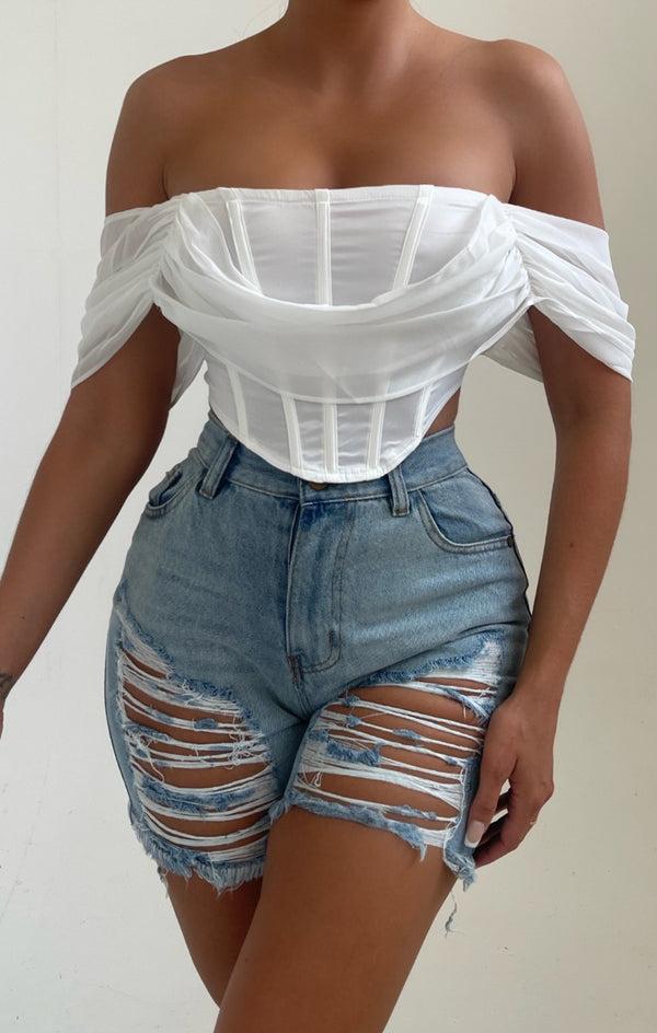 femme luxe Blue Light Wash Long Distressed Front Shorts - Rae