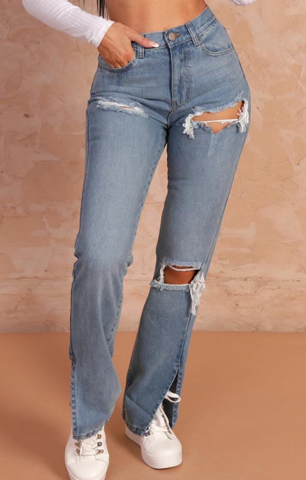 Femme Luxe Blue Light Wash Ripped Knee Distressed Split Leg Denim Jeans - Zuri