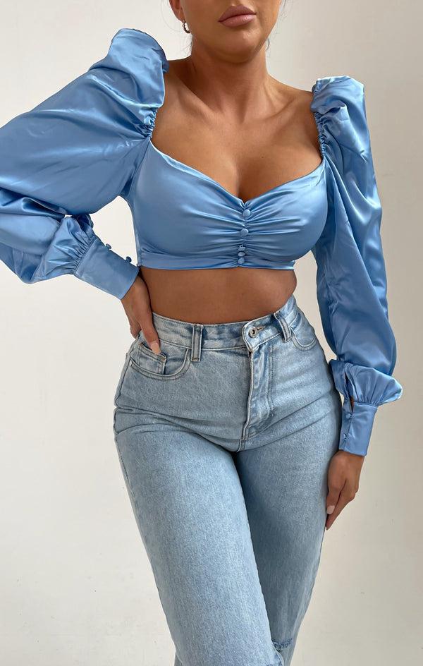Femme Luxe Blue Long Puff Sleeve Button Up Crop Top - Monica
