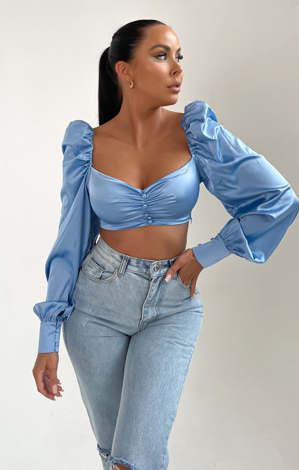 Femme Luxe Blue Long Puff Sleeve Button Up Crop Top - Monica